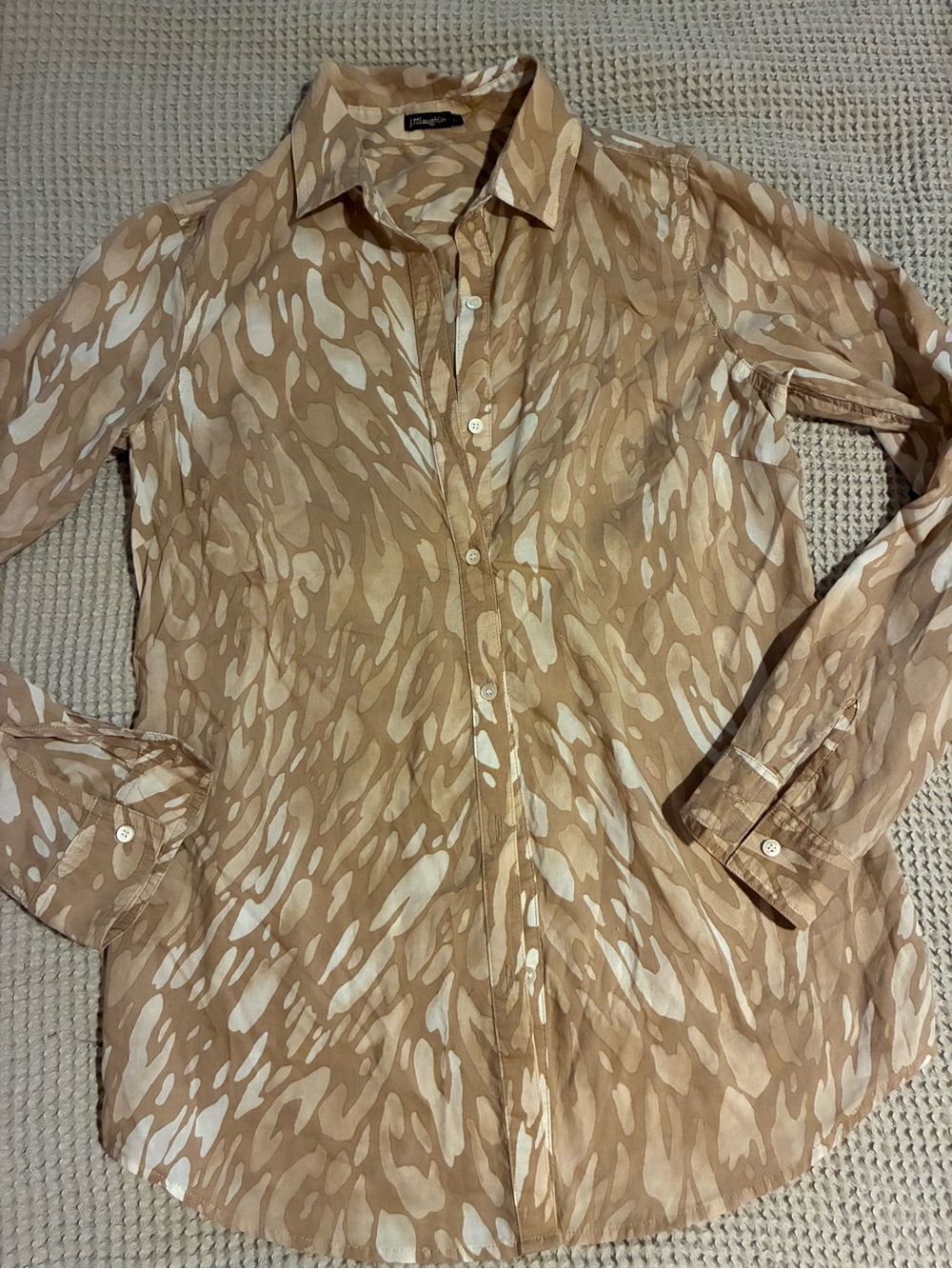 J. McLaughlin Tan and Cream Patterned Long Sleeve Blouse, Cotton, Size XS